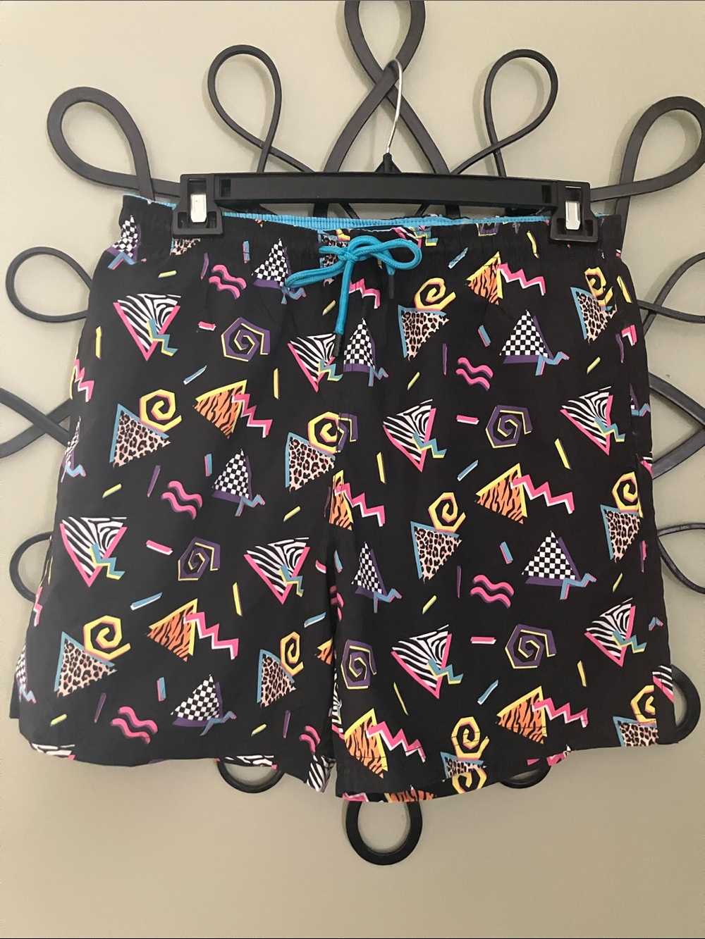 Black Men's Swim Board Shorts with Neon Geometric Print